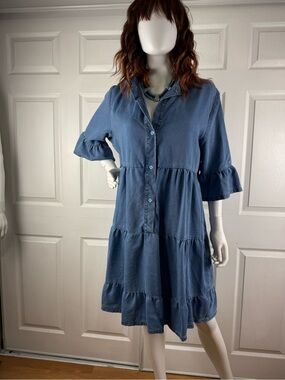 Blue Tiered Button-Front Women's Dress